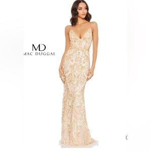 MAC DUGGAL, style 5309 CHAMPAGNE STRAPPY BACK BEADED GOWN. Size 6